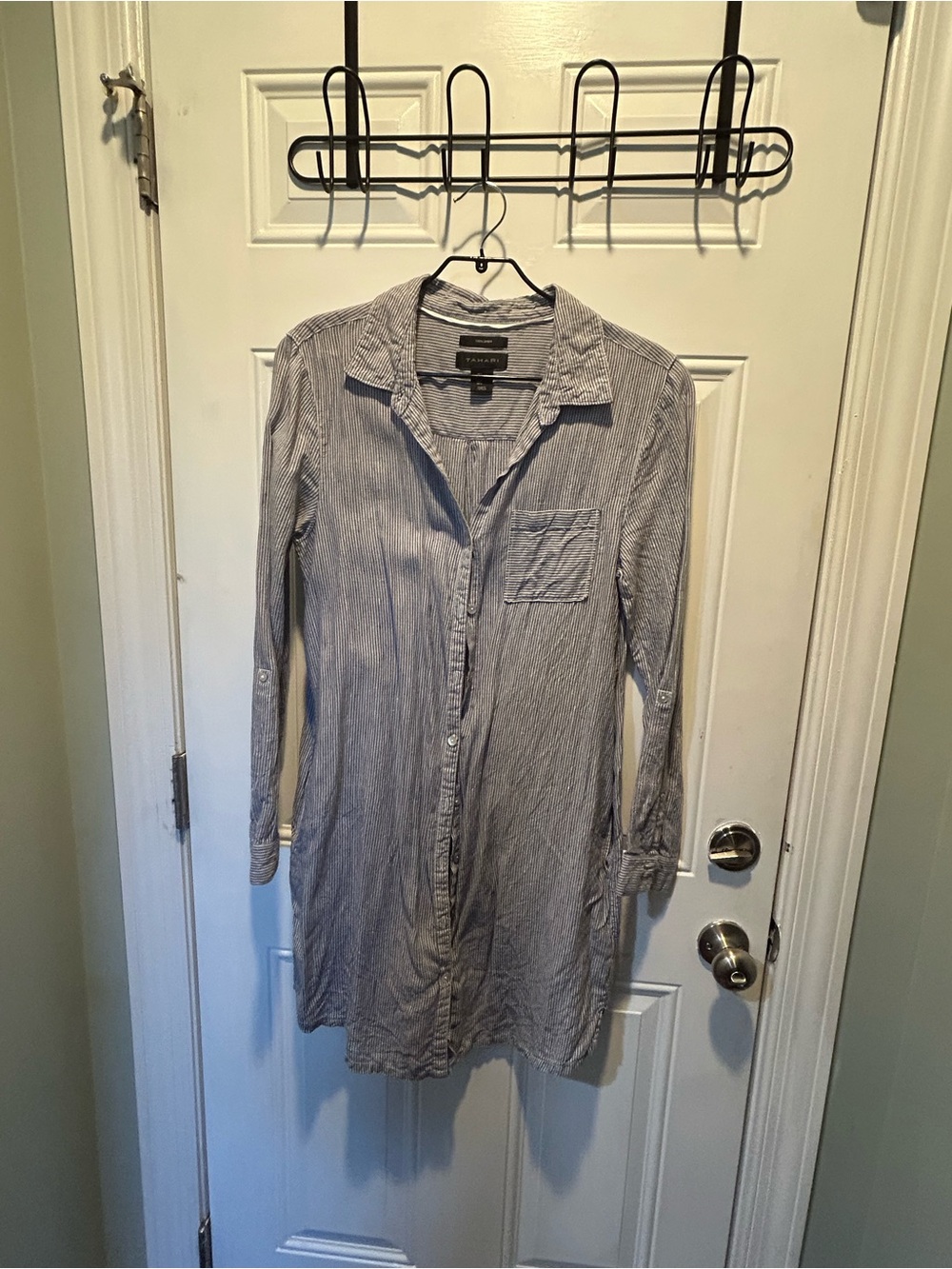 TAHARI Linen Light Blue Pinstripe Button-Up Shirt Dress